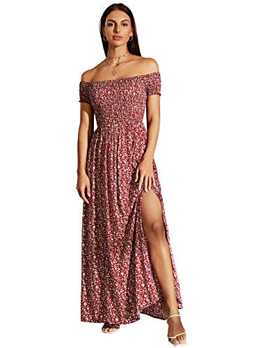Floerns Women's Boho Floral Print Off Shoulder Split Long A Line Dress | Amazon (US)