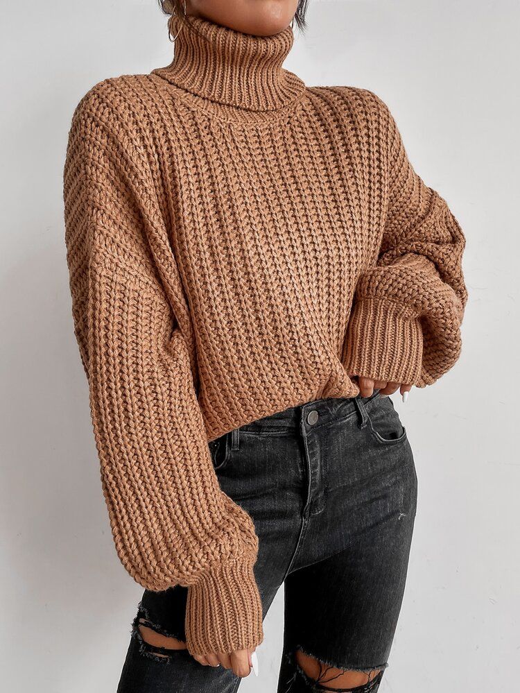 Rolled Neck Drop Shoulder Sweater | SHEIN