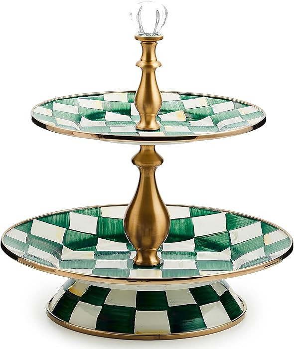 MACKENZIE-CHILDS Enamel Two-Tier Sweet Stand, Two-Tiered Serving Tray for Dessert, Green-and-Whit... | Amazon (US)