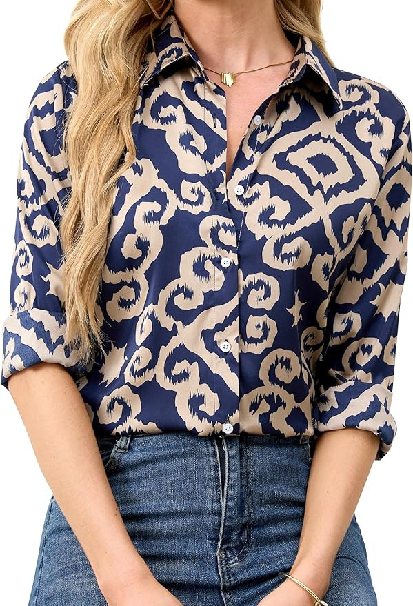 Wrinkle-Resistant Women Silky Button Down Shirts Fashion Printed Long Sleeve Blouse Dressy Casual... | Amazon (US)