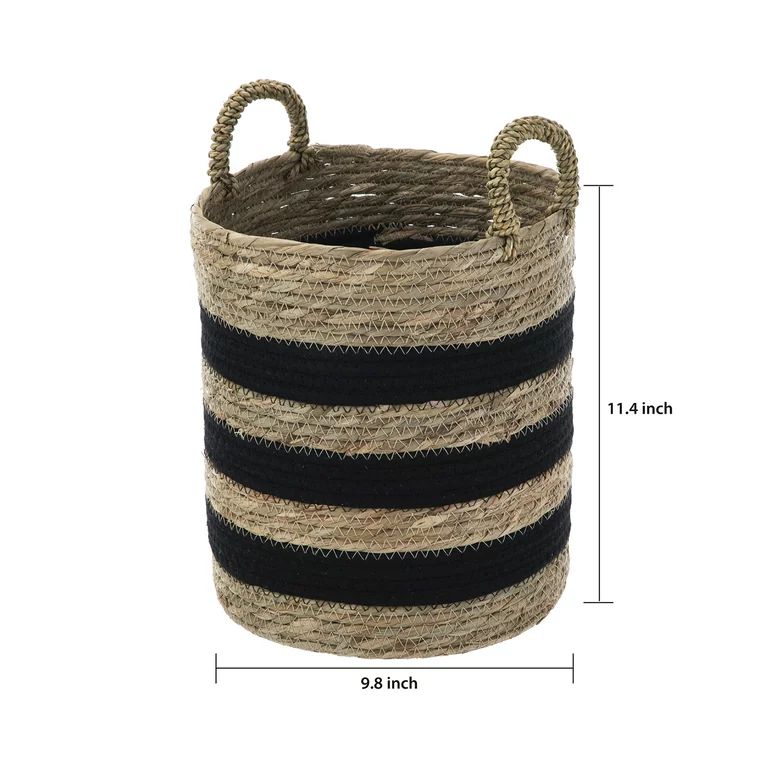 Mainstays Natural and Black Rush Decorative Storage Basket with Handles, 11.4", Round | Walmart (US)