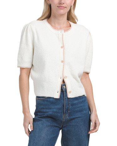 Short Sleeve Boucle Tipped Cardigan | TJ Maxx