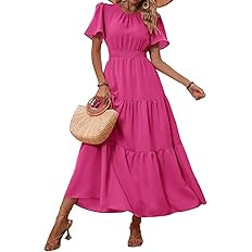 PRETTYGARDEN Women's Summer Casual Short Flutter Sleeve Round Neck Smocked Waist Tiered Boho Flor... | Amazon (US)