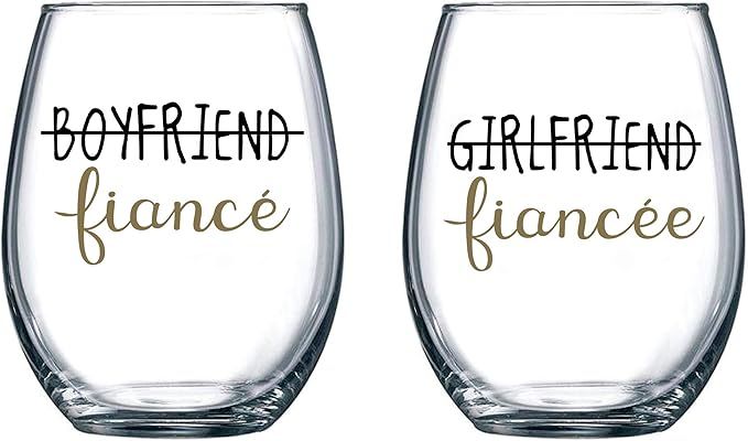 Boyfriend and Girlfriend 15 oz Stemless Wine Glasses (Set of 2) - Unique Engaged Wine Glasses for... | Amazon (US)