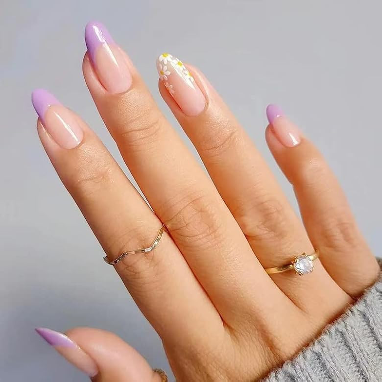 White Flowers Press on Nails Stiletto Medium French Nail Tips Glue on Nails Set Glossy Fake Nails wi | Amazon (CA)
