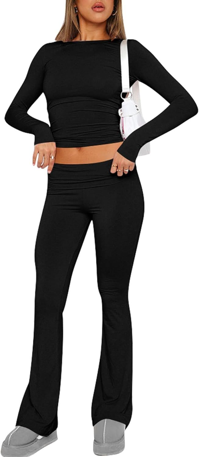 Women's Cotton Lounge Flared Legging Set Two Piece Outfits Basic Long Sleeve Crop Tops Low Rise F... | Amazon (US)