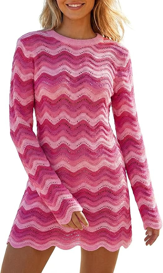 Women's Crochet Colorful Mesh Summer Long Sleeve Cover Ups Casual Striped Beach Wear Knit Mini Dr... | Amazon (US)