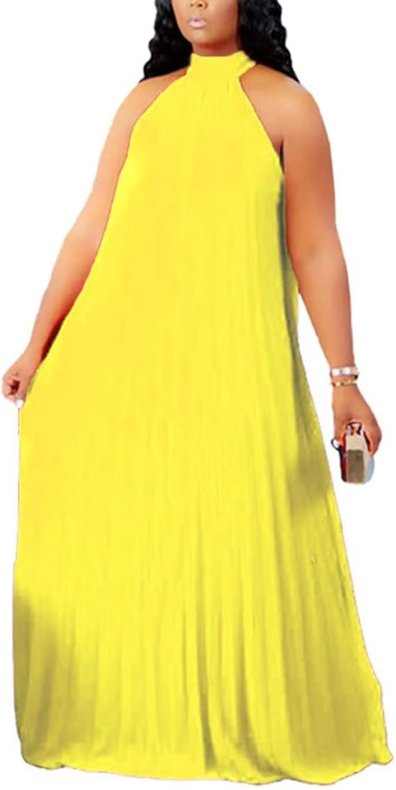 Aro Lora Womens Casual Sleeveless Plus Size Chiffon Halter Neck Pleated Loose Long Maxi Dress | Amazon (US)