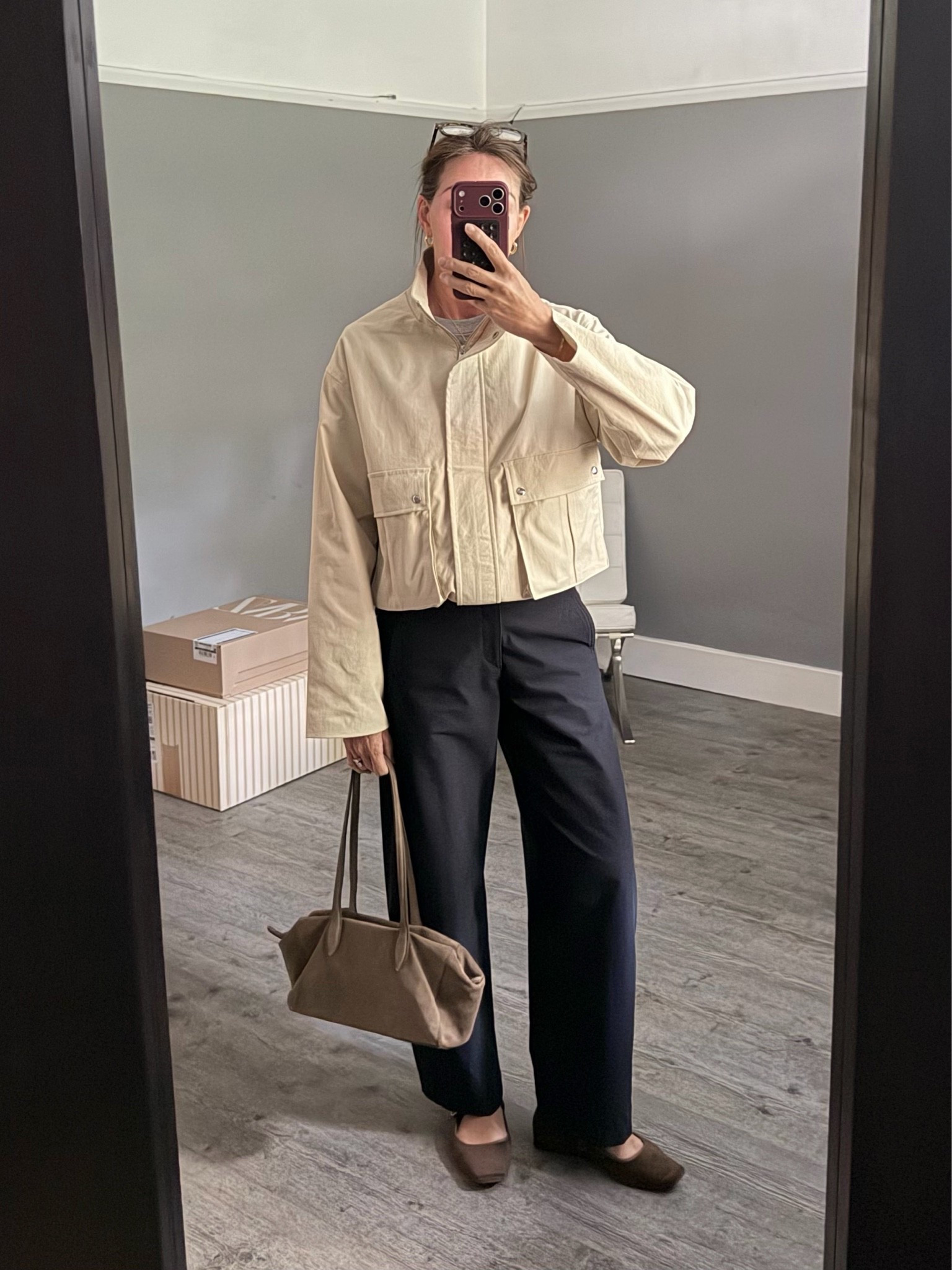 Mid week popping out. The best barrel trousers, a cream technical jacket, suede bag and my comfy brown Mary janes