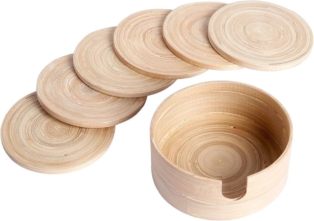 Bamboo Coasters for Drinks Set of 6 Pcs with Holder, Round Cup Coaster, Natural Handmade Rustic Deco | Amazon (US)