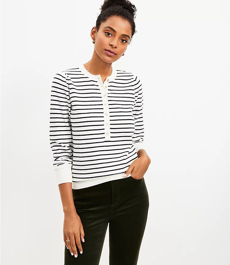 Petite Striped Puff Sleeve Henley Sweater | LOFT