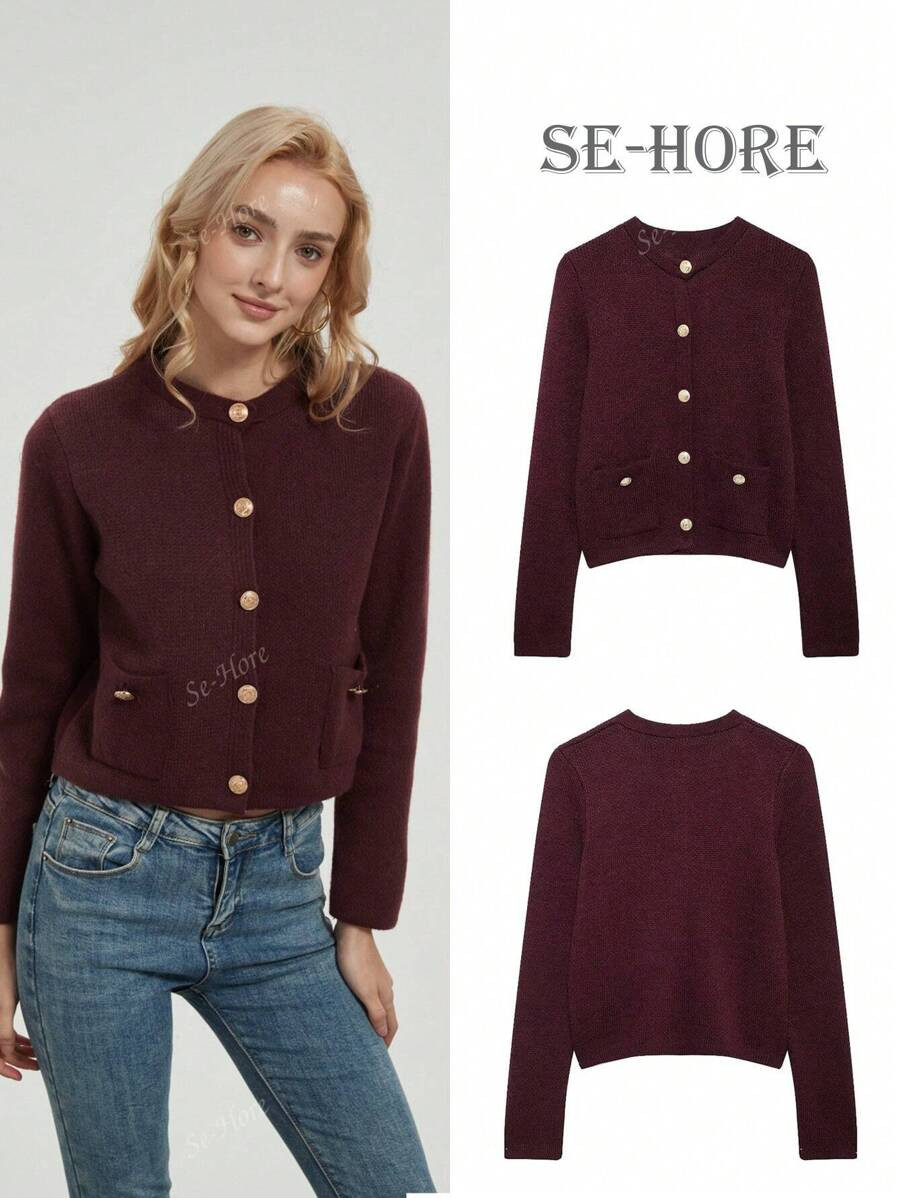 Women's Fashion Casual Gold Breasted Long Sleeve Round Neck Knitted Cardigan Christmas Sweater | SHEIN