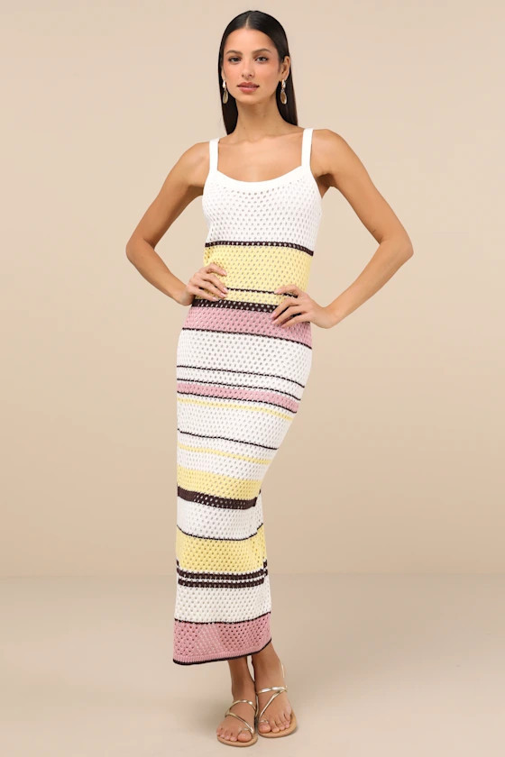 Breezy Venture Ivory Striped Crochet Midi Dress | Lulus