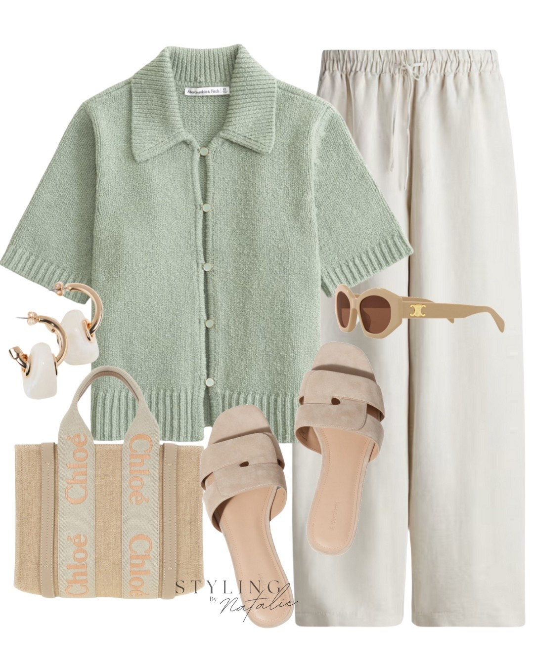 Spring outfit- green button up knit top, linen trousers, Chloe tote bag and sandals. Everyday outfit, spring look, sage green, H&M fashion.

#LTKstyletip #LTKspring #LTKuk