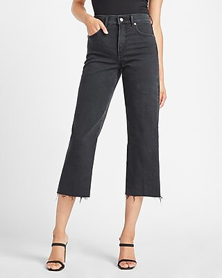 High Waisted Black Raw Hem Cropped Wide Leg Jeans | Express