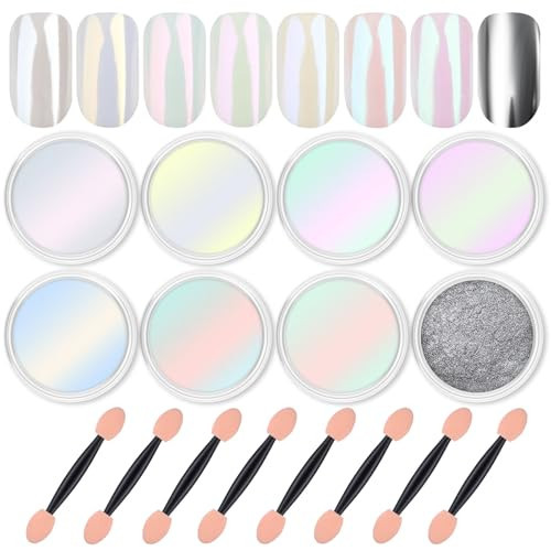Artdone 8 Jars Chrome Nail Powder Magic White Pearl Kit Mirror Effect Silver Metallic Holographic Dip Nail Powder Decoration Iridescent Aurora Mermaid Pigment | Amazon (US)