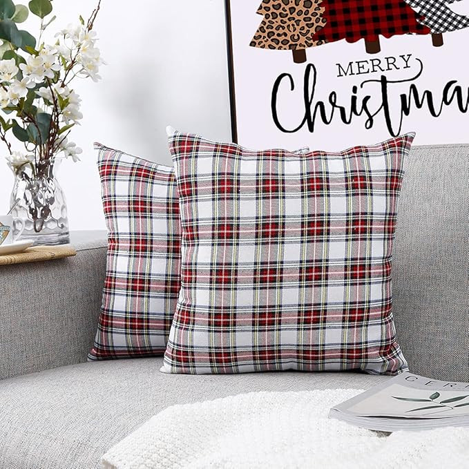 CARRIE HOME White Tartan Plaid Pillow Covers 18x18 White Plaid Christmas Throw Pillows Set of 2 C... | Amazon (US)