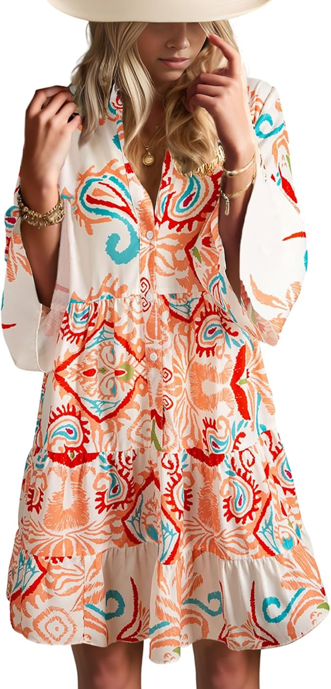 Summer Dresses for Women 2026 Flowy Ruffle 3/4 Sleeve V Neck Tiered Casual Babydoll Boho Beach Mi... | Amazon (US)