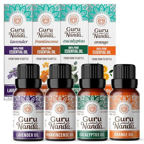 GuruNanda Essential Oils Set (Pack of 4 x 0.5 Fl Oz) - Pure, Natural Frankincense, Lavender, Eucalyptus & Orange Aromatherapy Oils for Diffusers, DIY & Home Use | Amazon (US)