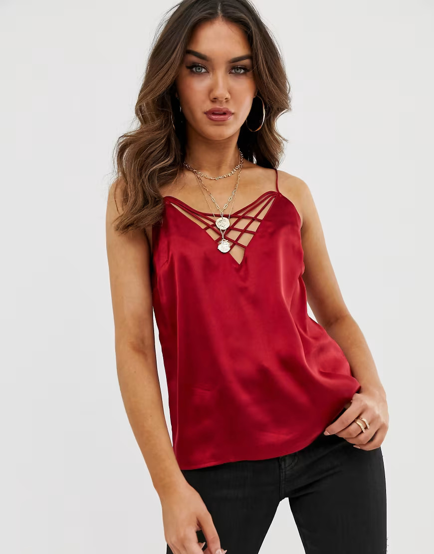 ASOS DESIGN satin cami with multi strap detail-Red | ASOS (Global)