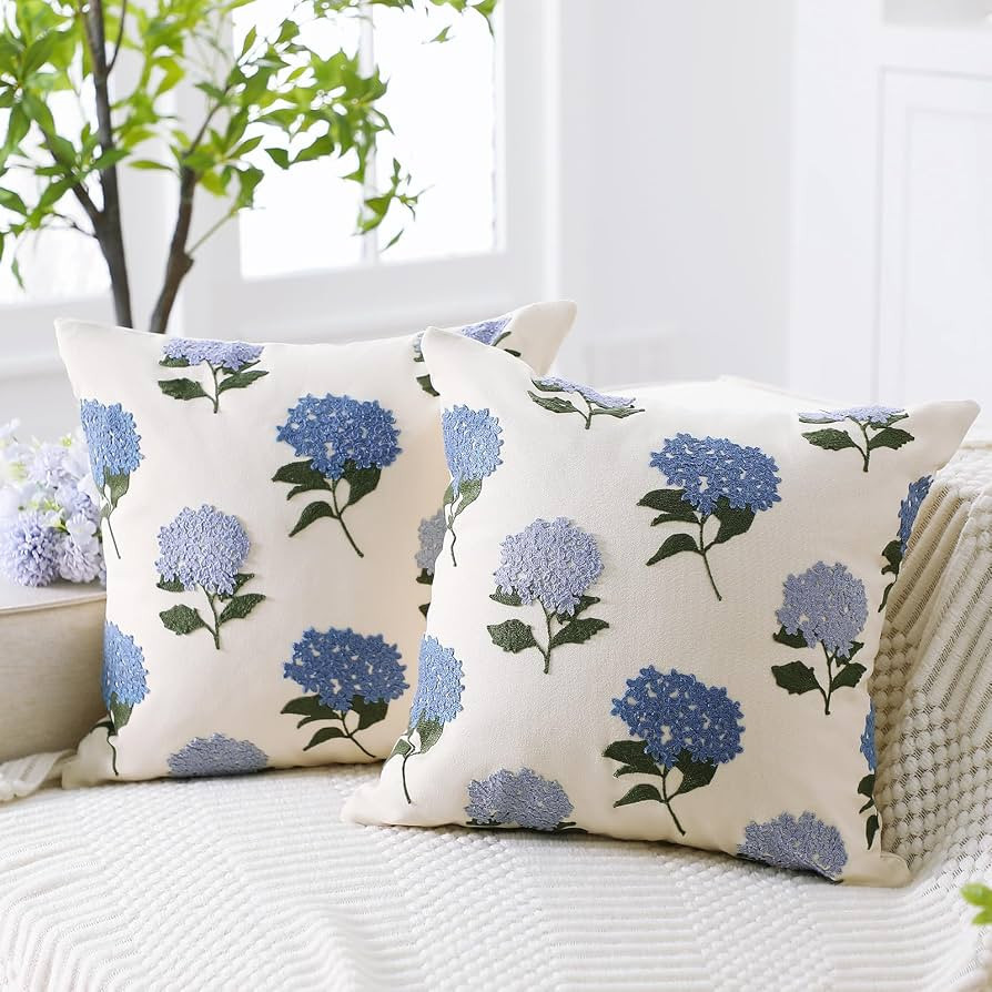 FuWeave 2 Pcs Hydrangea Pillow Covers 18x18 Inch Embroidered Spring Decorative Throw Pillow Cover... | Amazon (US)