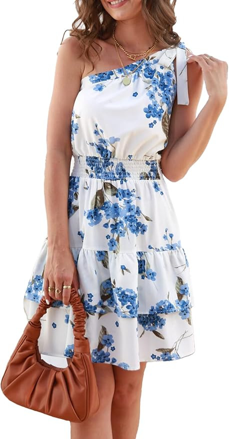 PRETTYGARDEN Women's Summer Tie One Shoulder Boho Floral Dress Elastic Waist Tiered Ruffle A Line... | Amazon (US)