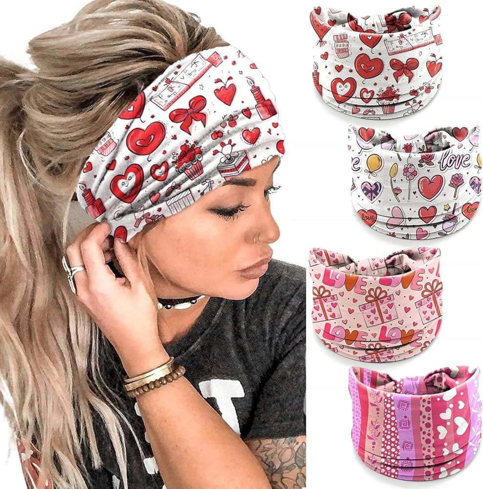 4Pcs Valentine's Day Headbands for Women - Heart Love Holiday Hair Bands, Festive Gift Hair Acces... | Amazon (US)