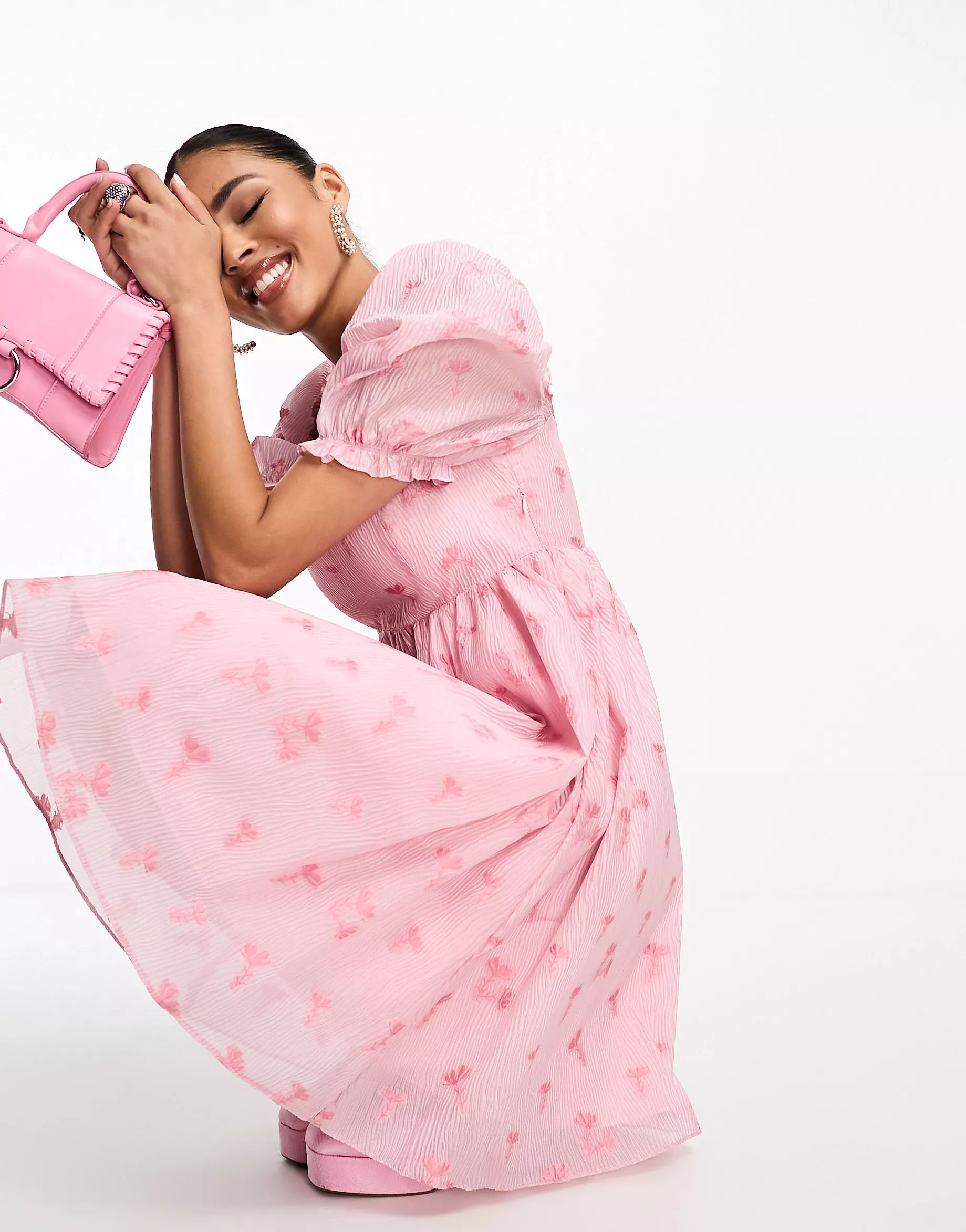 Collective the Label puff sleeve smock dress in pink floral brocade | ASOS (Global)