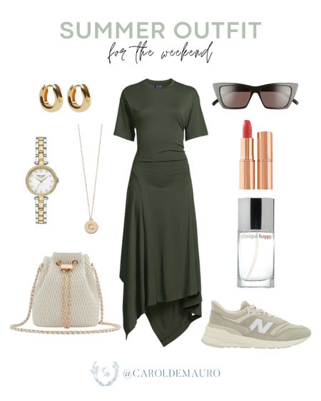 Stay comfy and stylish all weekend with this summer outfit idea! A green asymmetrical dress paired with New Balance 997, bucket bag, cat eye sunglasses, and more!
#casuallook #summerfashion #petitestyle #beautypicks

#LTKStyleTip #LTKSeasonal #LTKShoeCrush