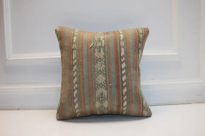 Vintage Turkish Kilim Pillow Cover in Teal Blue and Coral Tones, Striped Anatolian Rug Cushion wi... | Etsy (Global)