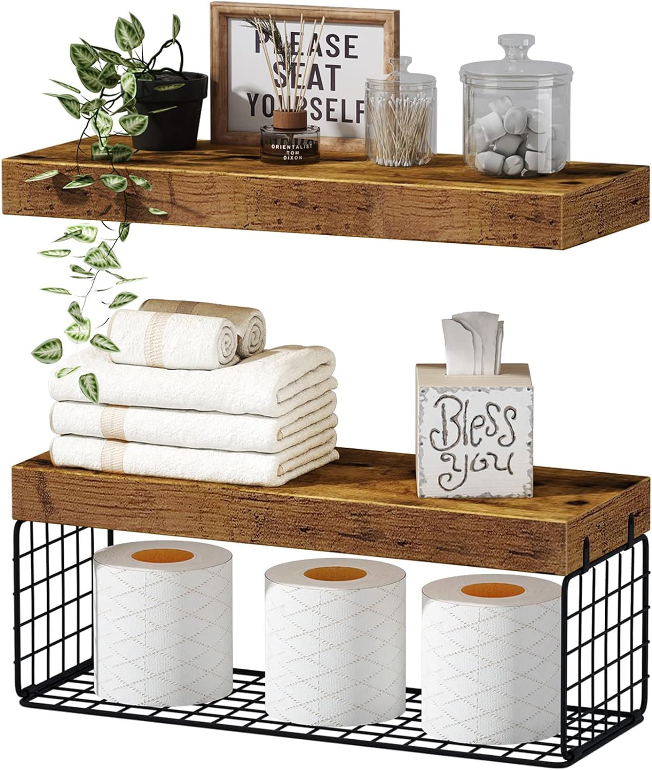 QEEIG Bathroom Shelves Over Toilet Wall Mounted Floating Shelves Farmhouse Shelf Toilet Paper Hol... | Amazon (US)