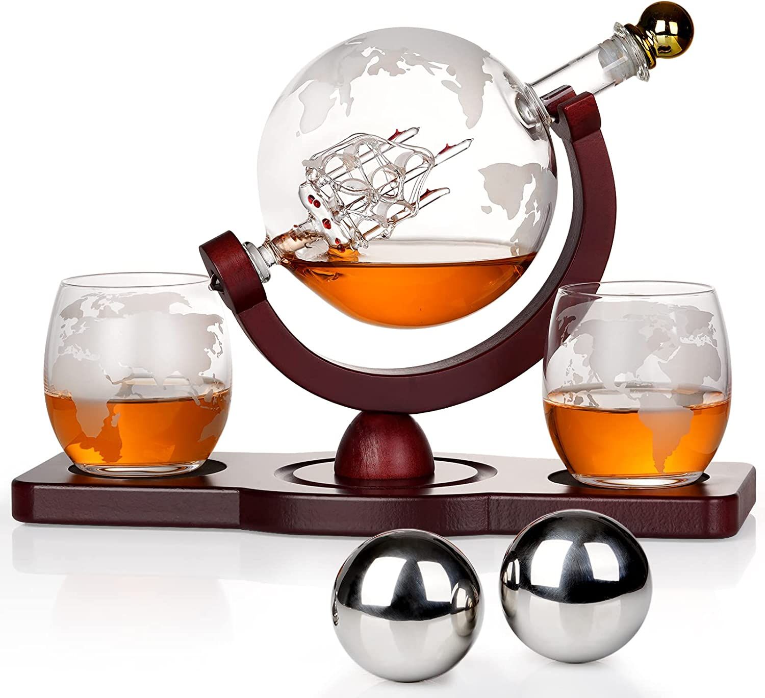 Gifts for Men Dad Fathers Day, Whiskey Decanter Globe Set with 2 Ball Stones & 2 Glasses, Anniver... | Amazon (US)