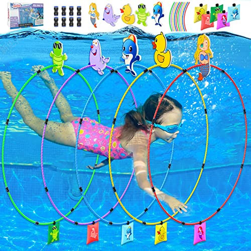 Gushu Diving Toys 15 PCS Pool Toys for Kids Age 4-8 8-12 Water Swim Thru Rings with Buoys and Sandbags Underwater Training Program Swimming Pool Games Water Sports Gifts | Amazon (US)