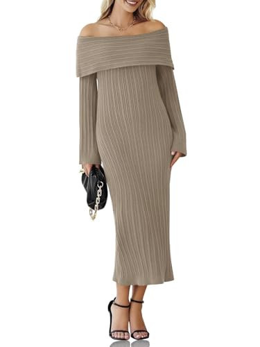 Saodimallsu Womens Off Shoulder Maxi Sweater Dress Long Sleeve Bodycon Sexy Elegant Club Party Knit Dresses Khaki | Amazon (US)