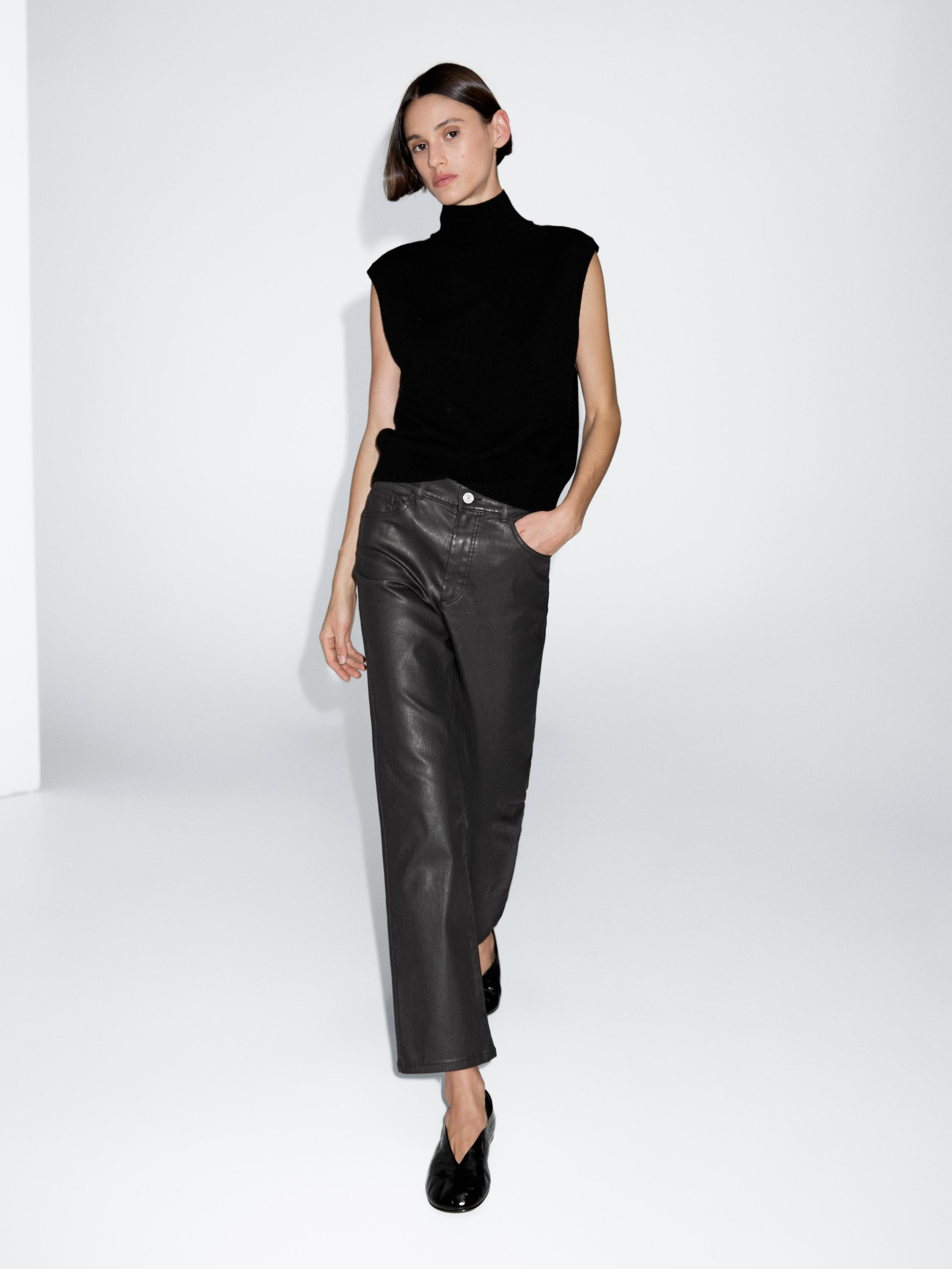 High-waist straight-leg waxed trousers | Massimo Dutti UK