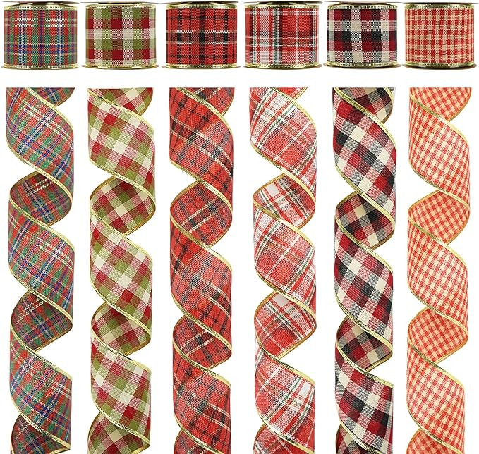 MEEDEE Buffalo Plaid Ribbon - 2.5 Inch, 6 Rolls, 36 Yards Wired Christmas Tree Ribbon for Wreath ... | Amazon (US)