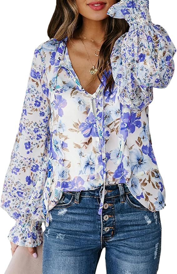 Biucly Women's Casual Boho Floral Print V Neck Long Sleeve Drawstring Tops Loose Blouses Button D... | Amazon (US)