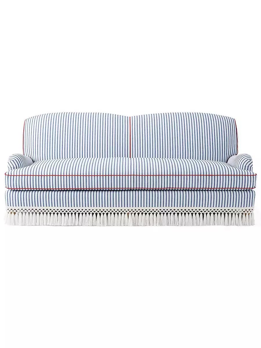 Miramar Fringed Sofa with Bench Seat - Perennials White/Navy Dock Stripe with Acajou Piping | Serena and Lily