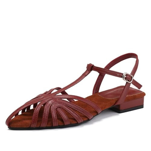 Womens Fisherman Sandals Closed Toe Shoes for Women Comfy Slingback T-Strap Low Heel Pointed Toe Woven Heels (Burgundy,10) | Amazon (US)