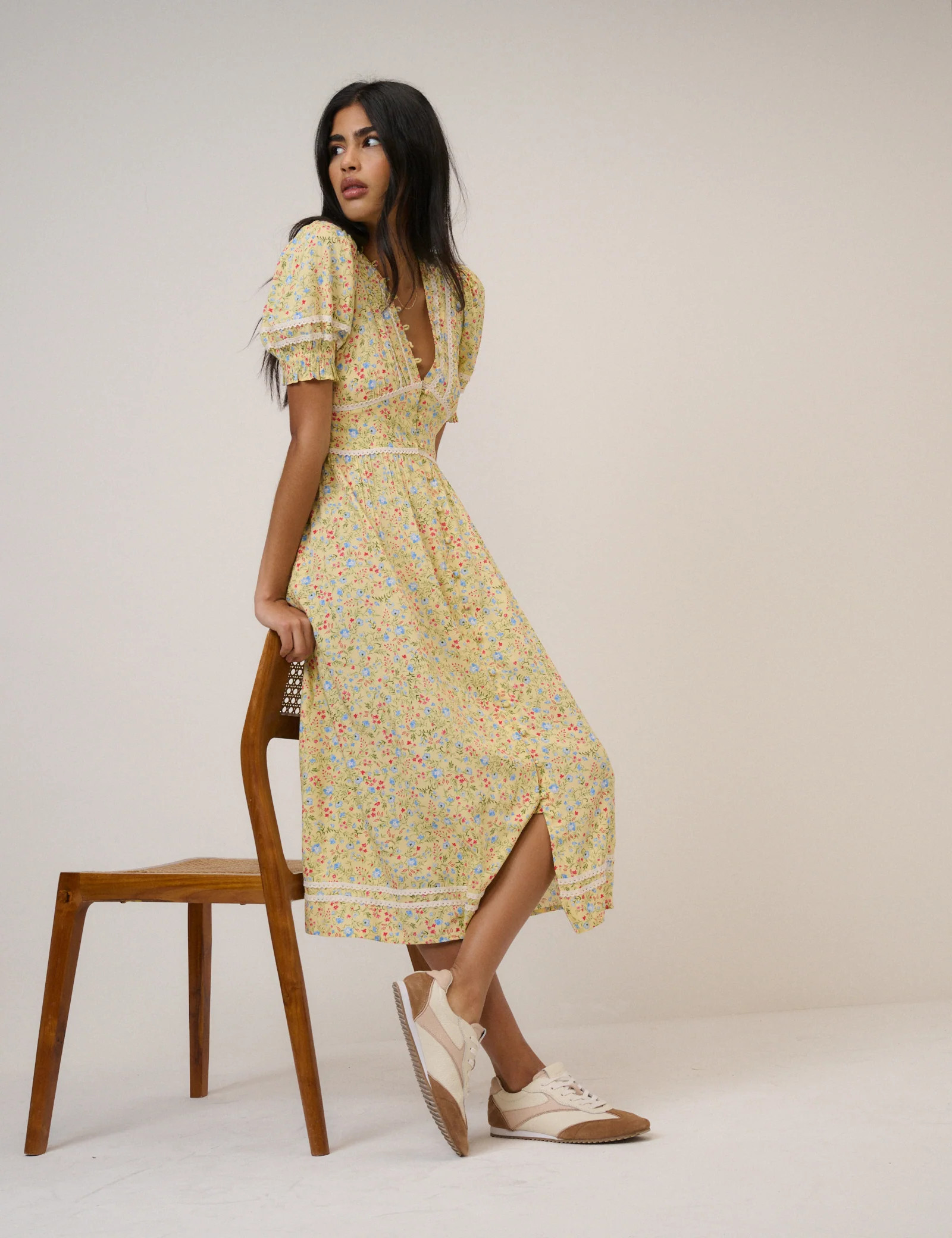 Yellow Ditsy Floral Puff Sleeve Saffy Midi Dress | Nobody's Child