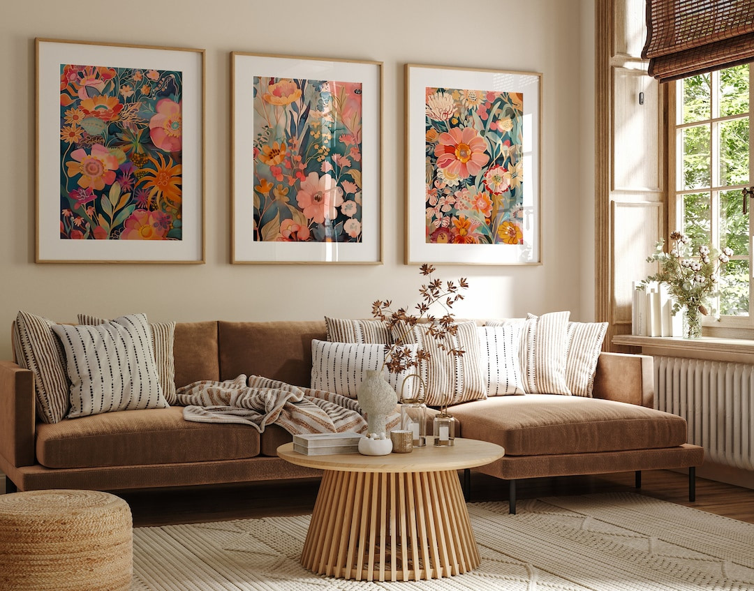 Midcentury Pastel Boho Flowers Wall Art Set of 3, Retro Bouquet Decor, Artful Floral Botanical Pr... | Etsy (US)