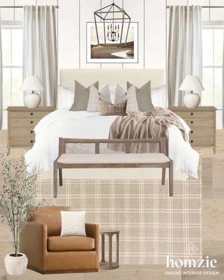 Neutral modern farmhouse bedroom design! Neutral rug, warm tone bedding, upholstered bed, leather chair 

#LTKfamily #LTKstyletip #LTKhome