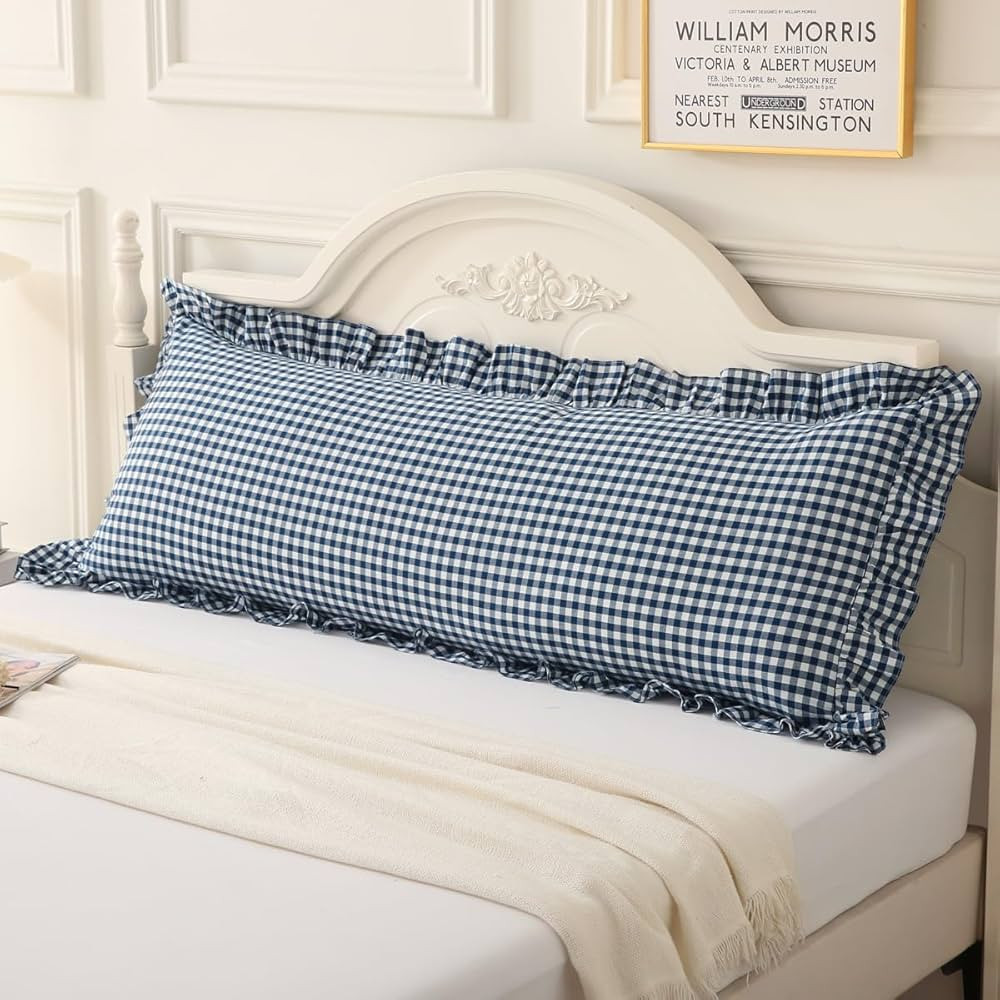 Navy Blue/White Plaid Ruffled Body Pillow Sham Washed Cotton Shabby Checkered Gingham Pillow Cove... | Amazon (US)