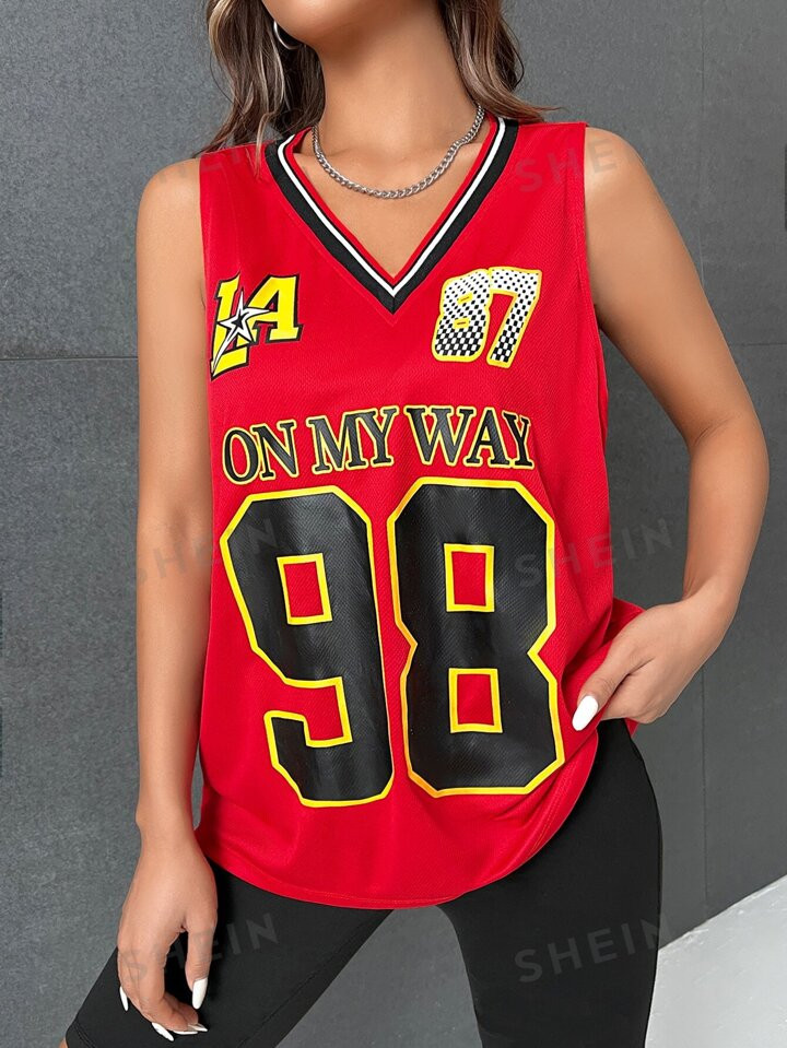 SHEIN Coolane Letter Graphic Striped Trim Tank Top | SHEIN