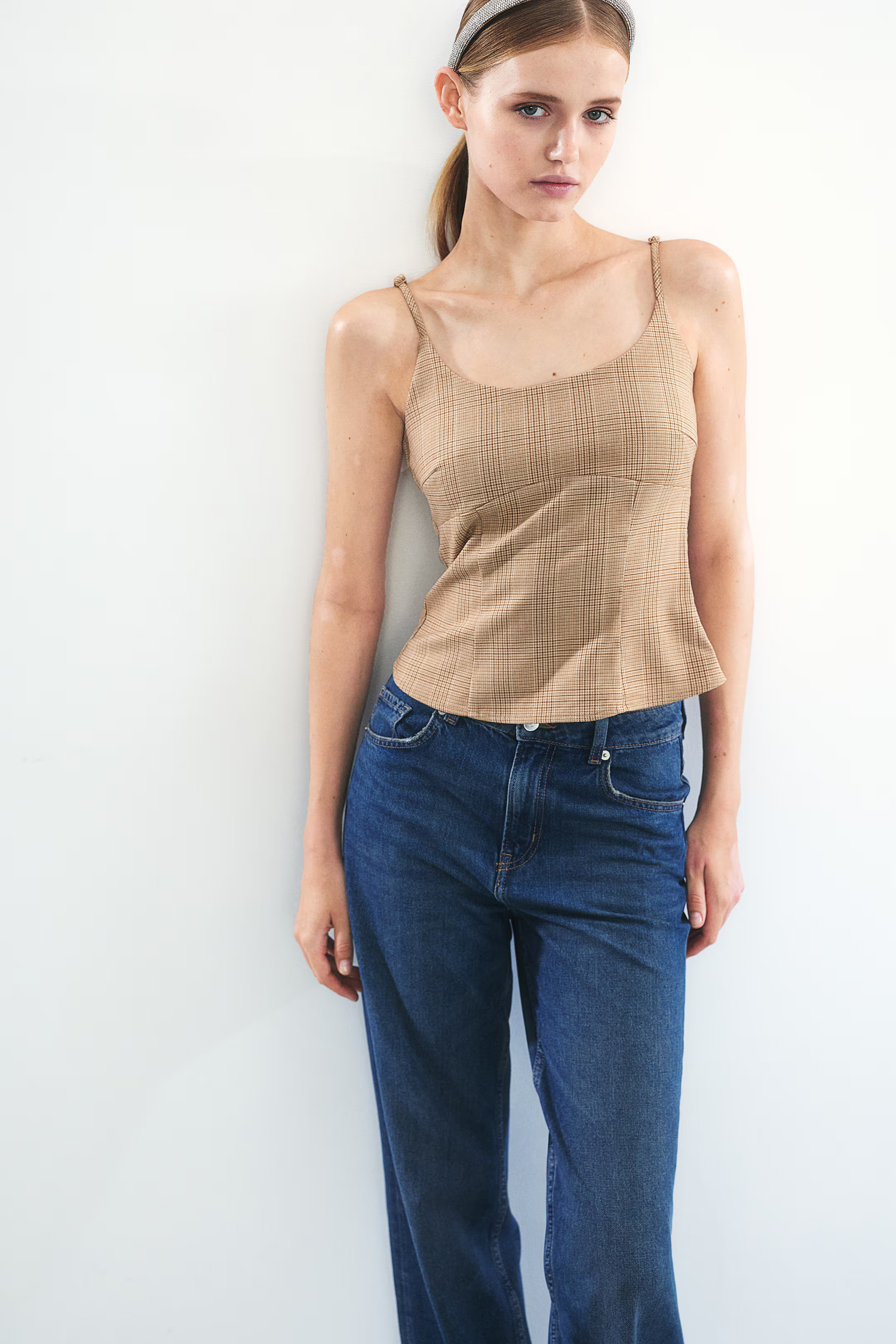 Corset-Style Camisole Top - Beige/checked - Ladies | H&M US | H&M (US + CA)