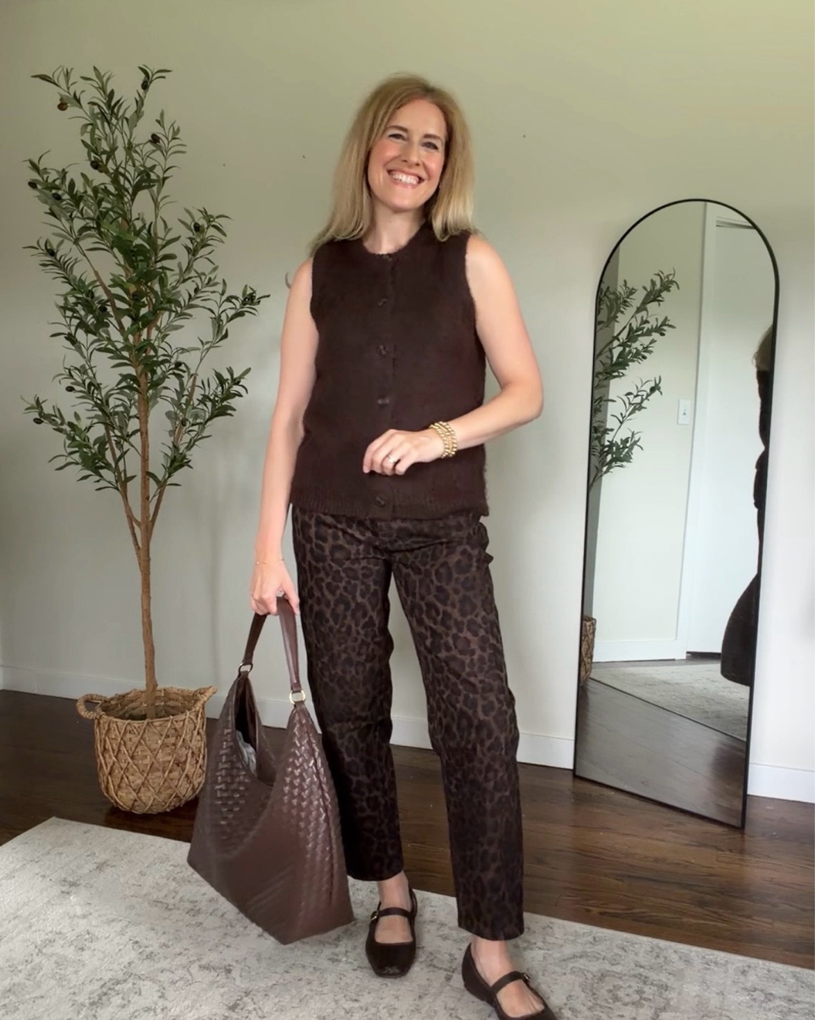 Faux mohair sweater vest top size small and leopard print barrel jeans size 4 (would prefer size 6). #walmartfashion fall outfit idea

#LTKOver40