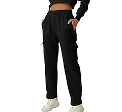 QINSEN Womens Medium Waist Baggy Elastic Waist Sweatpants Casual Fleece Long Pants with Pockets | Amazon (US)