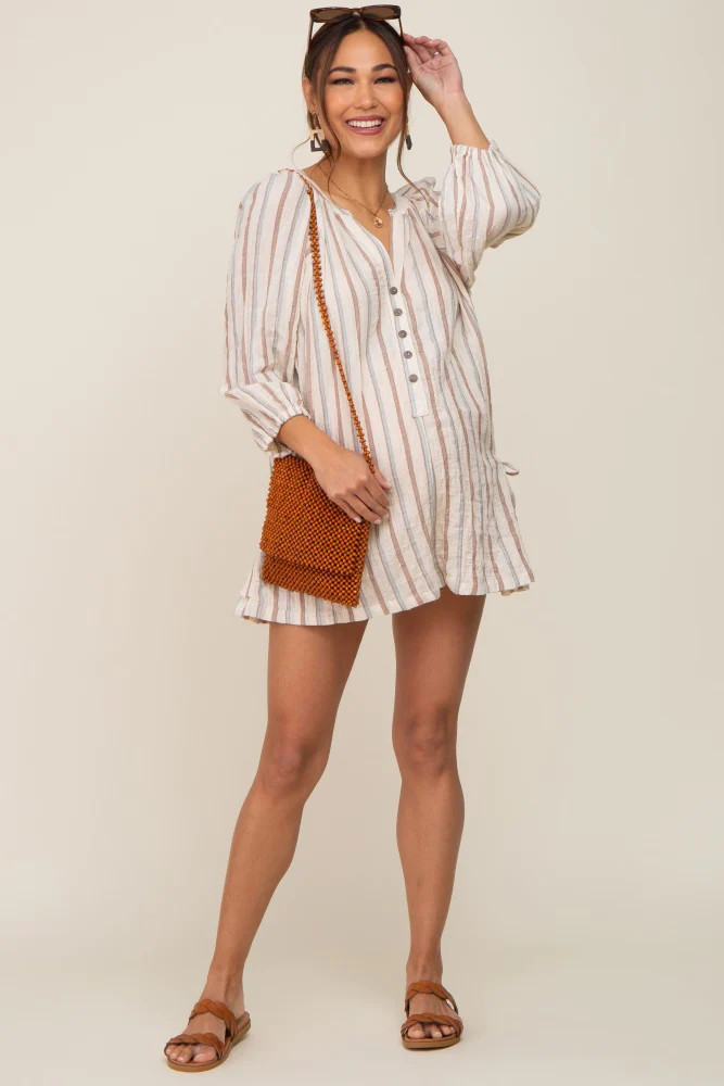 Ivory Striped Front Button Maternity Romper | PinkBlush Maternity