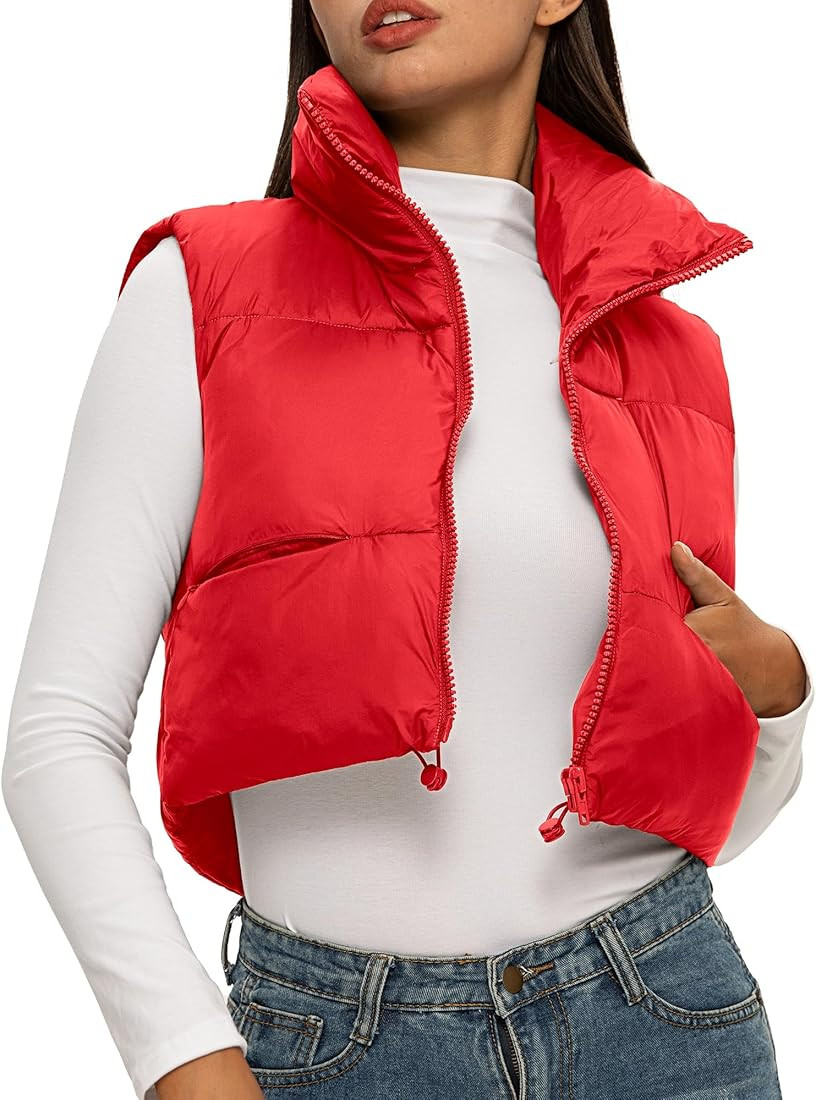 ELLEVEN Women's Cropped Puffer Vest with Pockets, High Stand Collar Crop Outerwear Lightweight Pa... | Amazon (US)