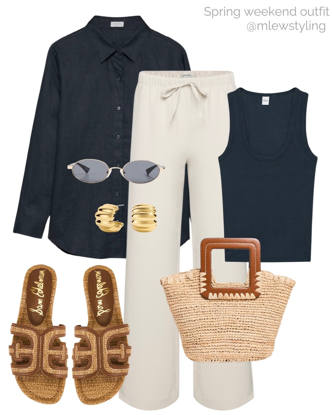 Spring weekend outfit with a navy blue button down and aritzia’s lodge pants 💙

Tags: everyday spring outfit, summer look, casual workwear, drawstring pants, staud raffia bag, Sam Edelman slide sandals, le specs sunglasses, gold earrings, navy blue tank top, wardrobe basics, summer outfit 

#LTKootd #LTKgrwm #LTKWorkwear